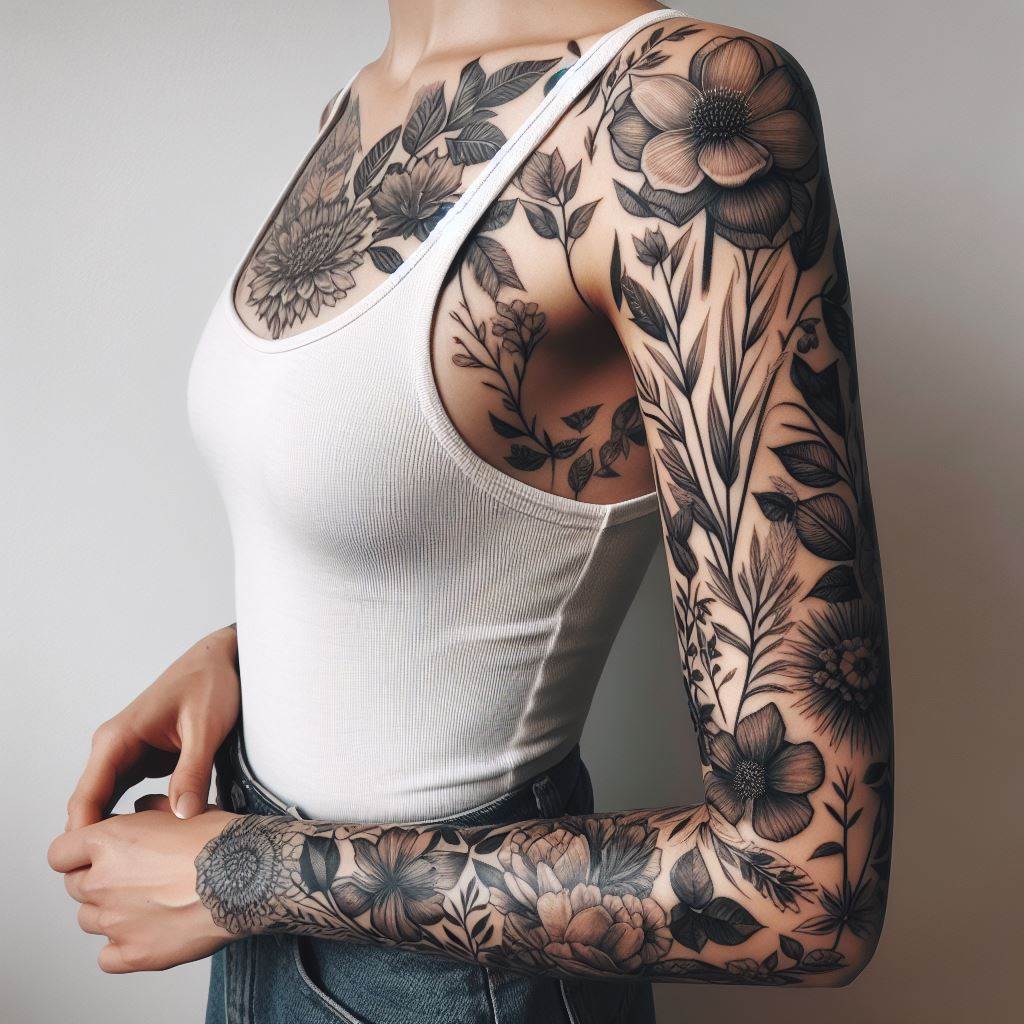A full sleeve woman's tattoo of various botanical illustrations, including flowers, leaves, and herbs, detailed in fine line art, symbolizing nature, growth, and renewal.