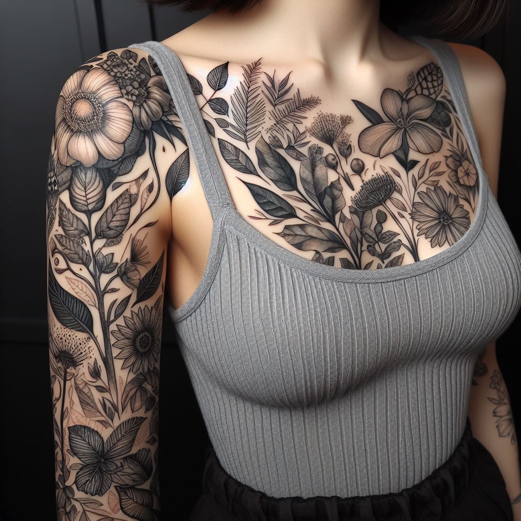 A full sleeve woman's tattoo of various botanical illustrations, including flowers, leaves, and herbs, detailed in fine line art, symbolizing nature, growth, and renewal.