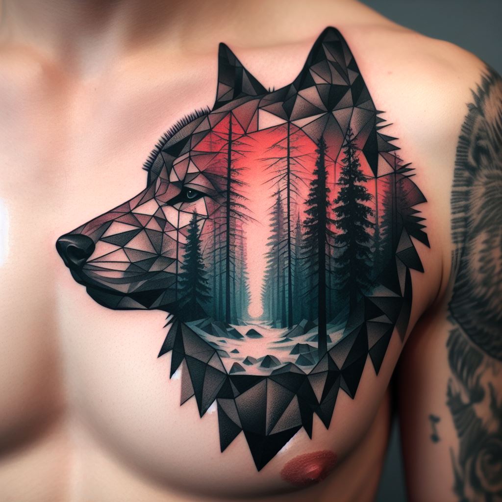 A tattoo of a geometric wolf across the left side of the chest, blending into a forest landscape towards the center.