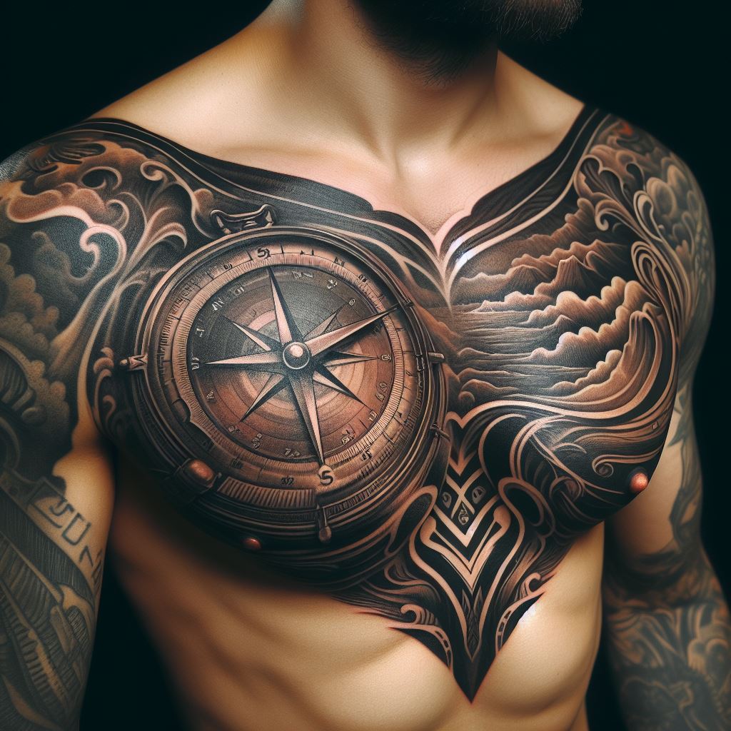 An intricate tattoo of a compass and map, covering the entire chest, with a trail leading from the lower right side to the upper left shoulder.