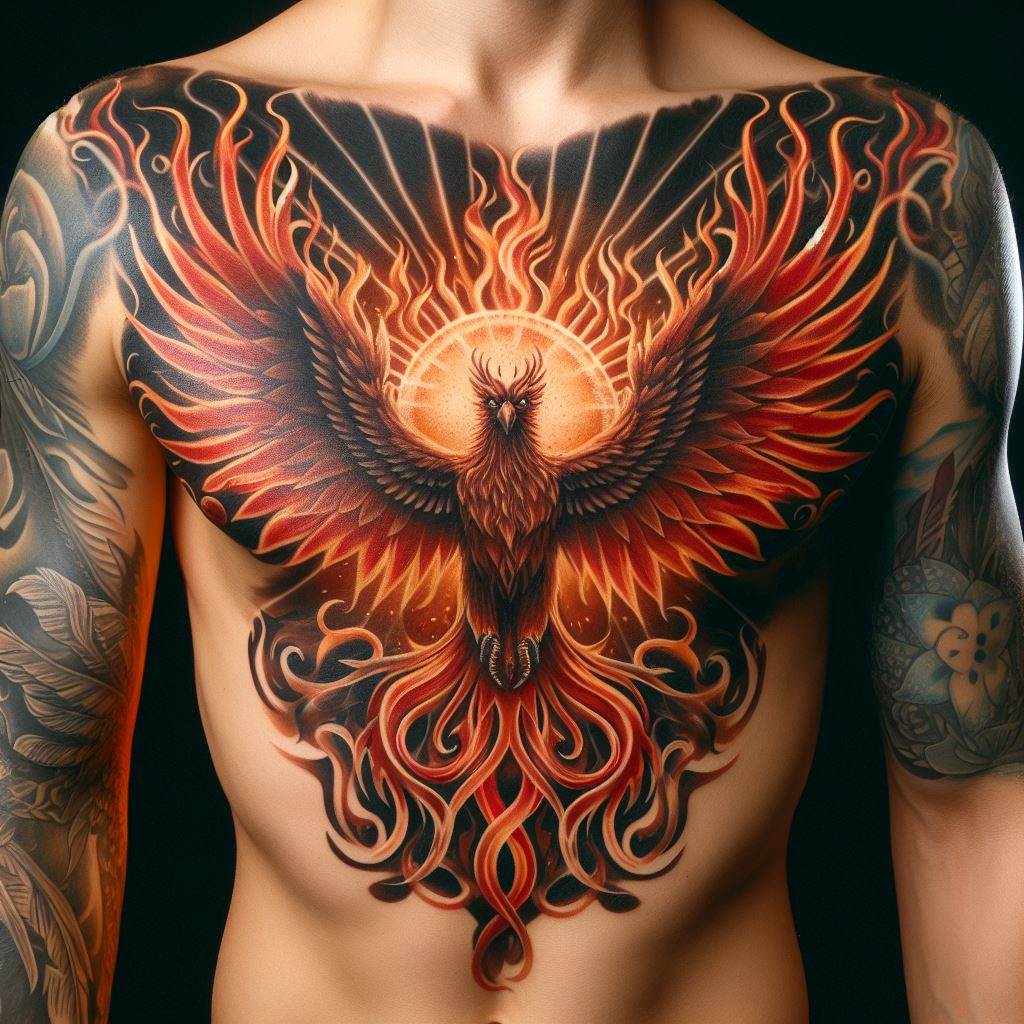 A tattoo featuring a phoenix rising from flames, centered on the chest, with wings spreading wide to cover the pectoral muscles.