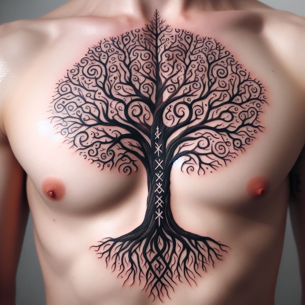 A tattoo of a tree of life, with roots starting from the lower chest and branches reaching up to the collarbones, incorporating Norse runes along its trunk.