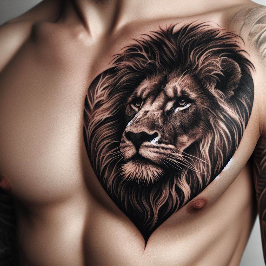 A tattoo of a lion's head in detailed black and grey, positioned over the heart on the left side of the chest, with its mane extending towards the shoulder.
