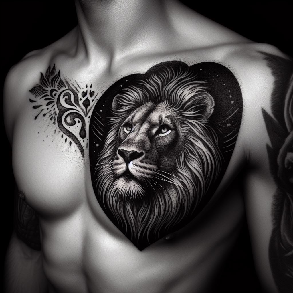 A tattoo of a lion's head in detailed black and grey, positioned over the heart on the left side of the chest, with its mane extending towards the shoulder.