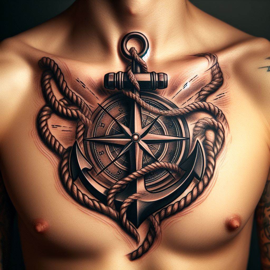 A tattoo depicting a nautical theme, with an anchor centered below the collarbone and ropes extending across the chest, intertwining with a compass on the right side.
