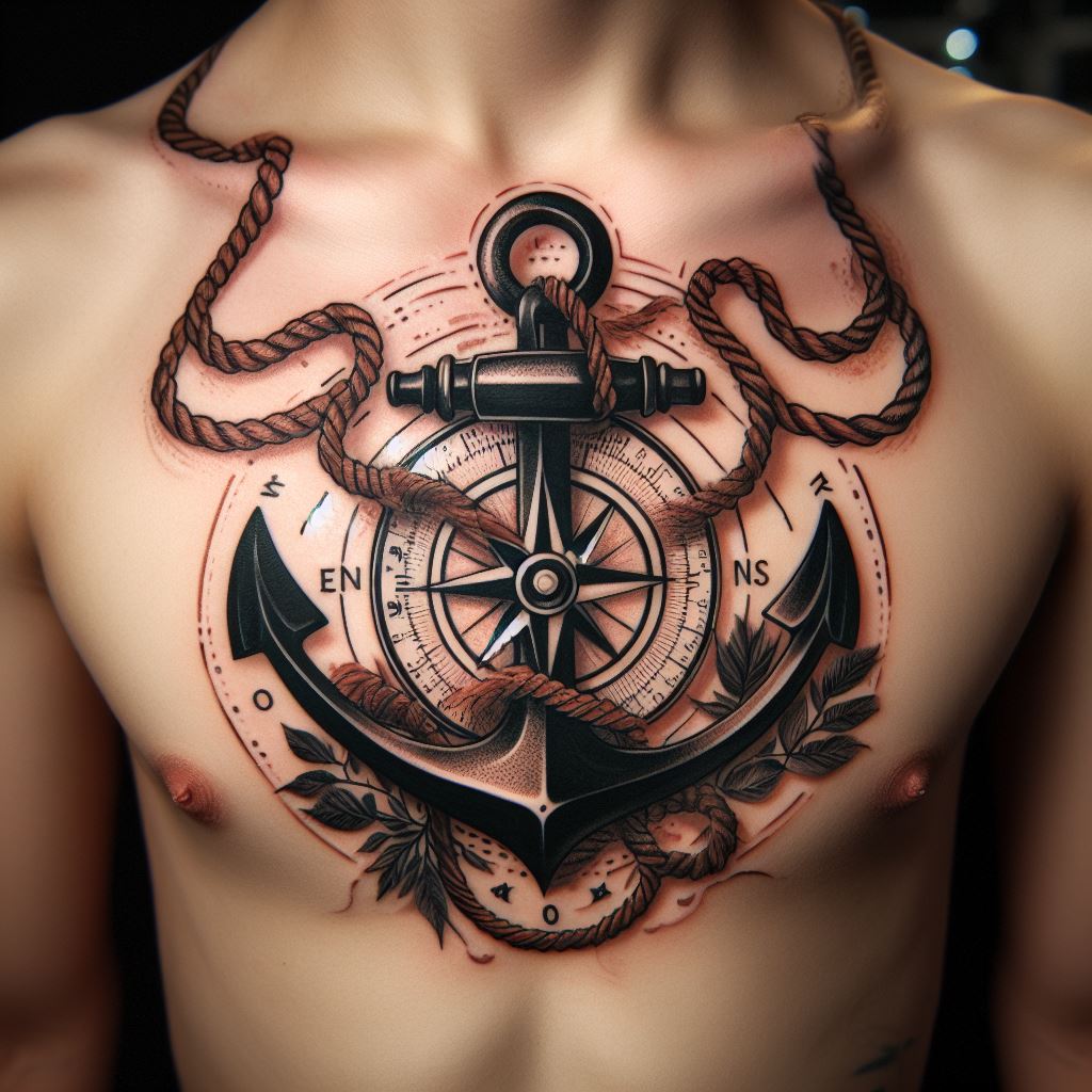 A tattoo depicting a nautical theme, with an anchor centered below the collarbone and ropes extending across the chest, intertwining with a compass on the right side.
