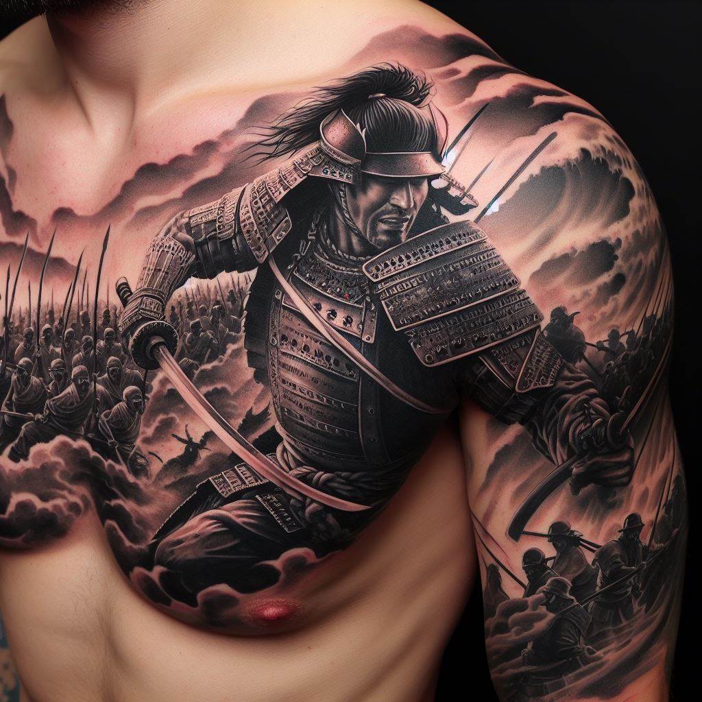 A tattoo of a samurai warrior in battle, occupying the right side of the chest, with the scene extending to the shoulder and upper arm.