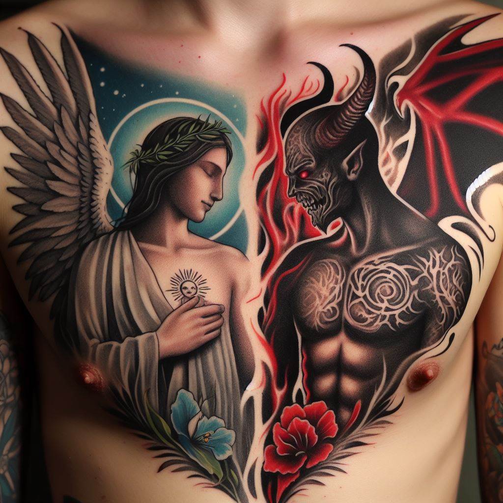 A tattoo showcasing a dual-themed design, with a peaceful angel on the left chest and a fierce demon on the right, meeting in the middle.