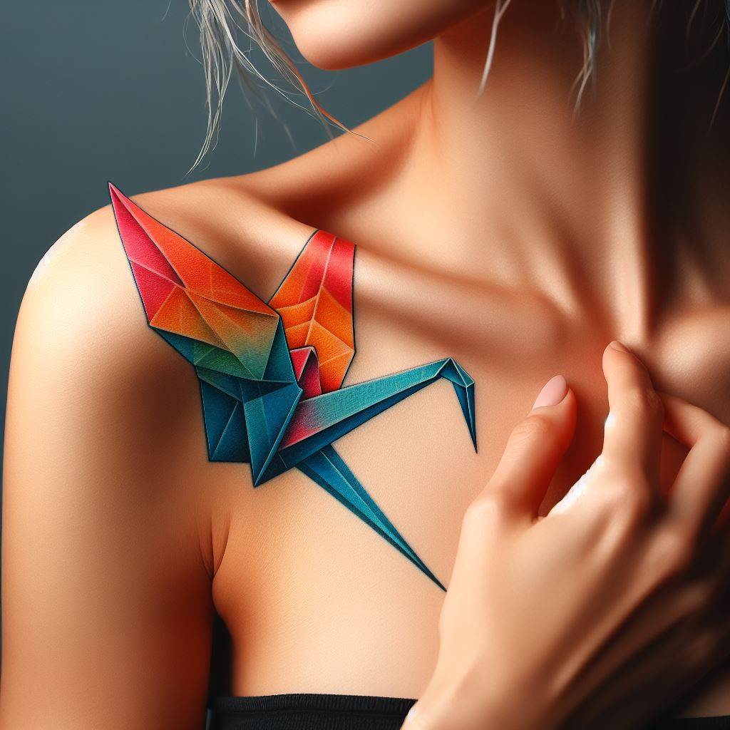 A colorful origami crane tattoo on a woman's shoulder, symbolizing hope, healing, and the traditional Japanese wish for peace.