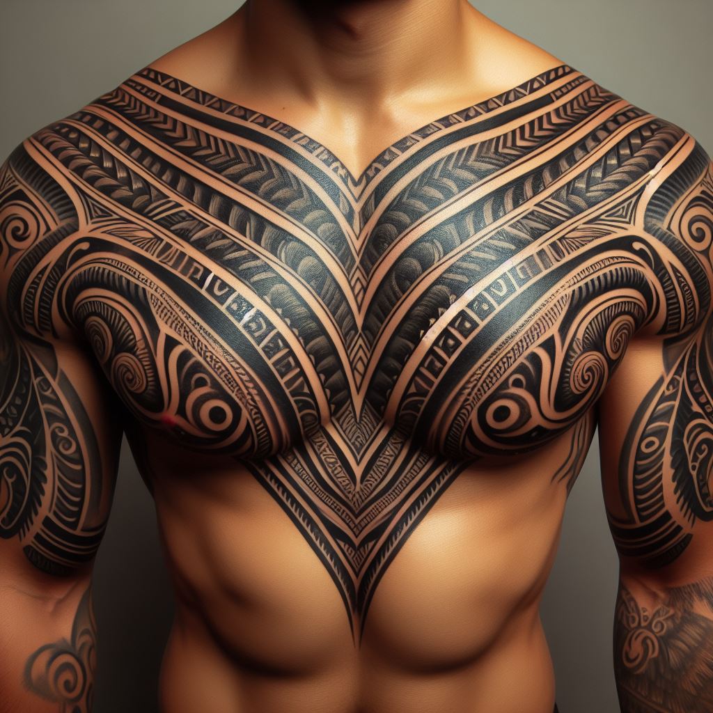 A tattoo of a traditional Maori tribal design, covering the chest symmetrically from the center, extending up to the shoulders and down to the upper abdomen.