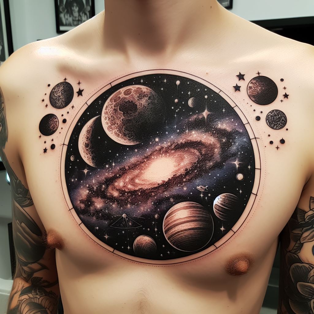 A tattoo featuring an abstract cosmic scene, with planets, stars, and a galaxy, centered on the chest and fading out towards the shoulders and upper abdomen.