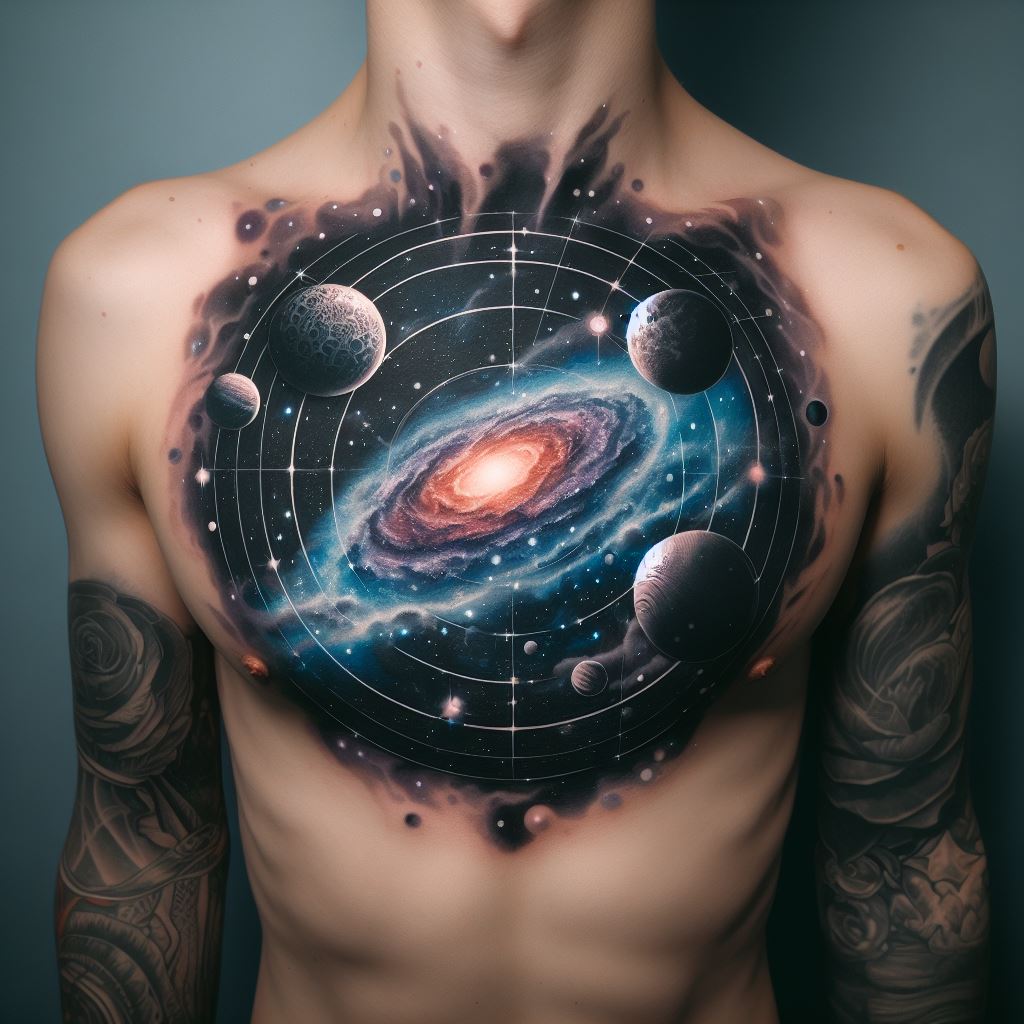 A tattoo featuring an abstract cosmic scene, with planets, stars, and a galaxy, centered on the chest and fading out towards the shoulders and upper abdomen.