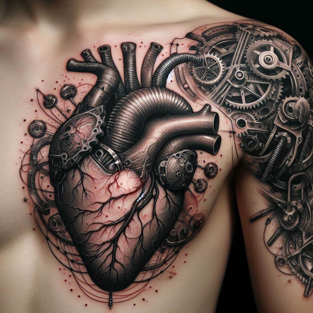 A tattoo of a detailed mechanical heart, positioned over the actual heart on the left chest, with gears and wires extending across to the right side.