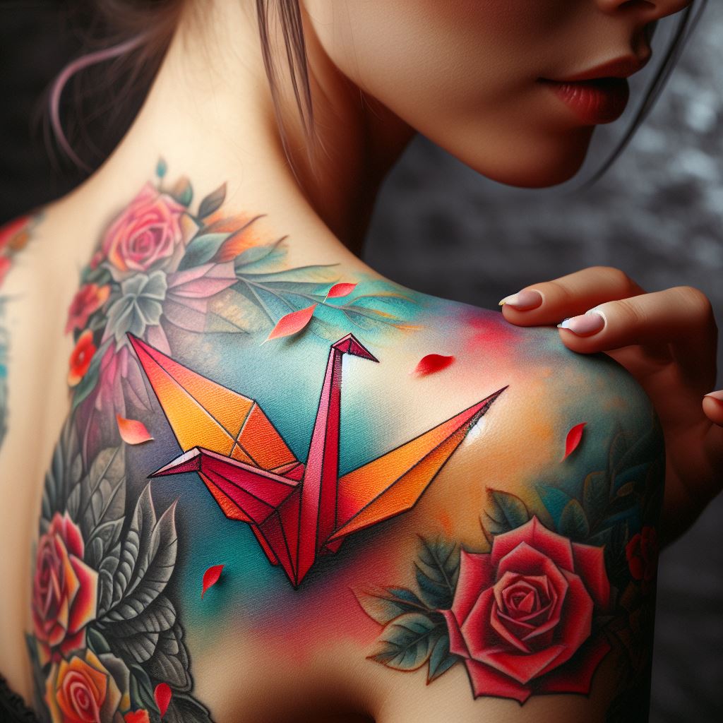 A colorful origami crane tattoo on a woman's shoulder, symbolizing hope, healing, and the traditional Japanese wish for peace.