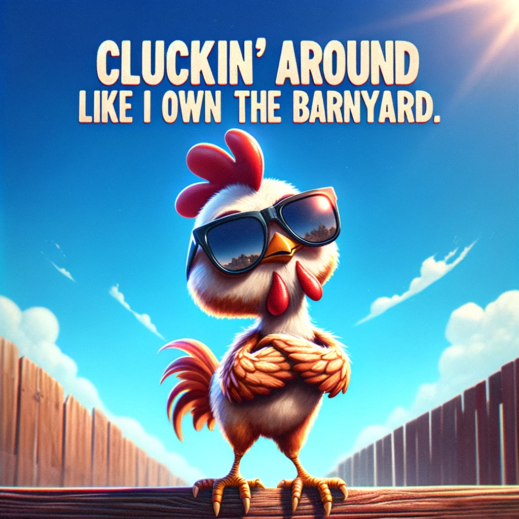 A cartoon chicken standing confidently with sunglasses on, looking cool and ready for summer. The image has a vibrant, fun vibe with a clear blue sky in the background. The chicken is styled in a humorous manner, with exaggerated features that highlight its confident pose. The text overlay reads: "Cluckin' around like I own the barnyard." This scene captures the essence of a fun and cheeky meme, combining animal humor with a touch of sass.