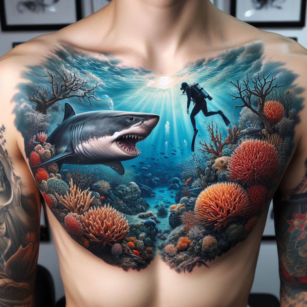 An underwater scene tattoo, covering the entire chest, featuring a realistic shark on the left side, coral reefs in the center, and a diver exploring on the right.