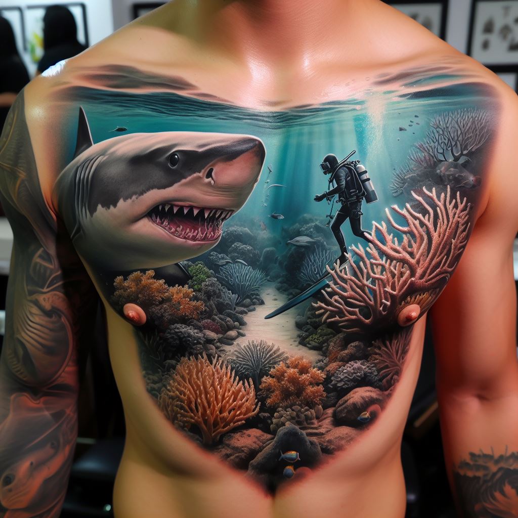 An underwater scene tattoo, covering the entire chest, featuring a realistic shark on the left side, coral reefs in the center, and a diver exploring on the right.