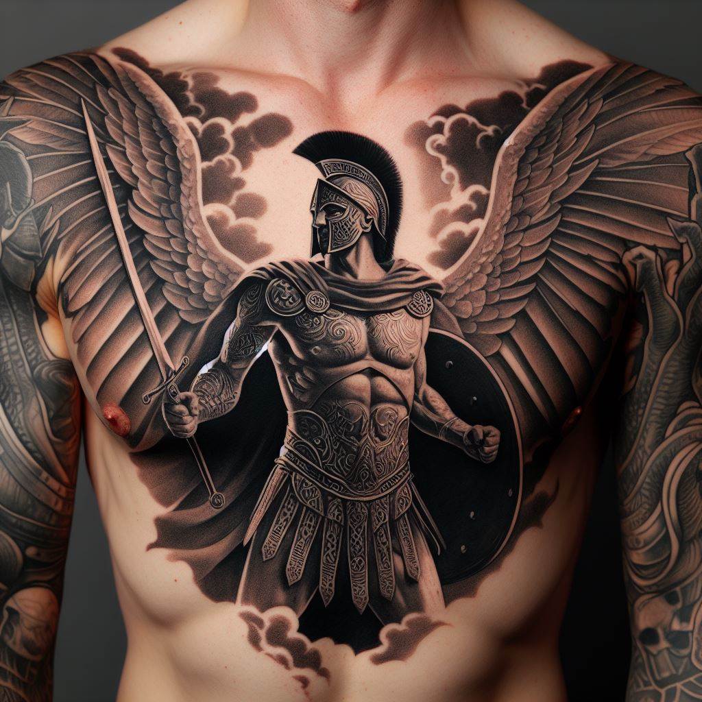 A tattoo of an ancient Greek warrior in battle stance, centered on the chest, with the scene extending into a full armor design across the shoulders and upper arms.