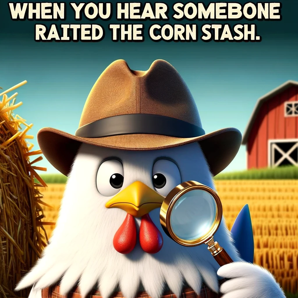 A cartoon chicken wearing a detective hat and magnifying glass, looking like it's solving a mystery. The background is a farm setting with hay bales and a barn. The chicken has a serious yet comical expression, adding to the humorous tone of the meme. The text overlay says: "When you hear someone raided the corn stash." This image combines the theme of mystery with farm life, creating a funny and engaging meme.