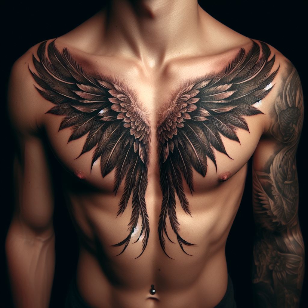 A tattoo featuring a pair of wings, starting from the center of the chest and extending outwards, with feathers detailed over the pectoral muscles, reaching up to the shoulders.
