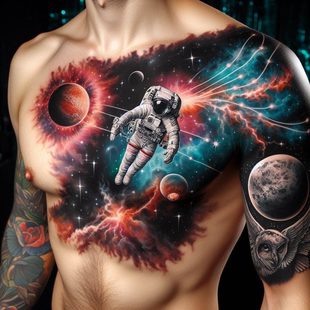 A tattoo of a detailed astronaut floating in space, positioned over the right side of the chest, with a colorful nebula and planets in the background extending towards the left.