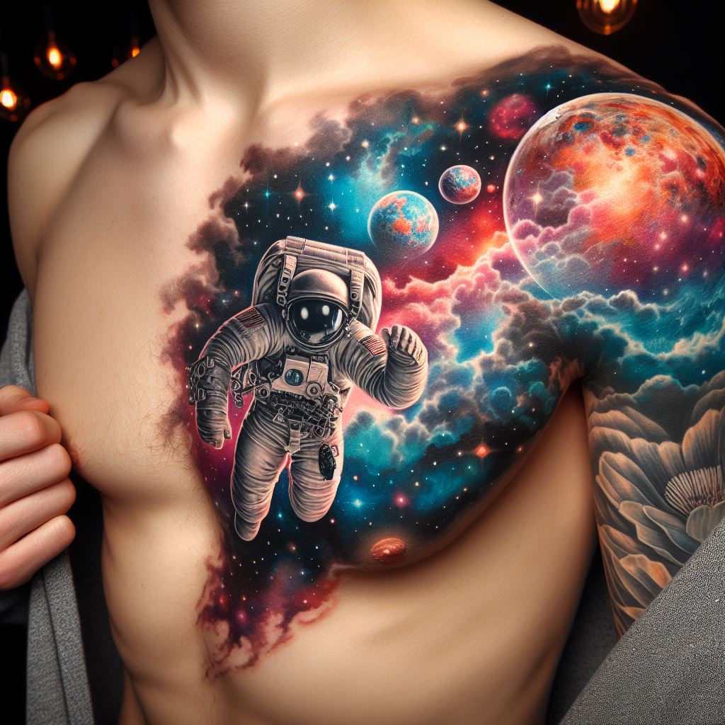 A tattoo of a detailed astronaut floating in space, positioned over the right side of the chest, with a colorful nebula and planets in the background extending towards the left.