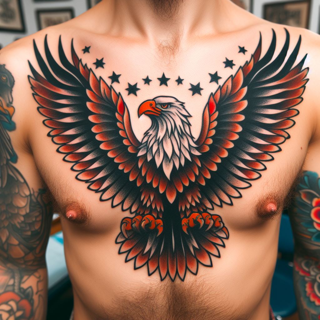 A tattoo depicting an eagle in flight, with its wings spread wide across the chest, and the head centered above the sternum, detailed with American traditional tattoo style.