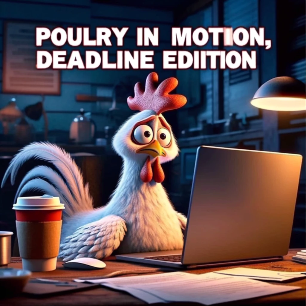 A cartoon chicken sitting in front of a computer, looking stressed with coffee cups scattered around. The setting suggests a late-night work session. The chicken's expression is one of determination mixed with exhaustion, capturing the essence of working hard on a deadline. The text overlay reads: "Poultry in motion, deadline edition." This meme cleverly plays on words, relating to both the work culture and chicken humor.