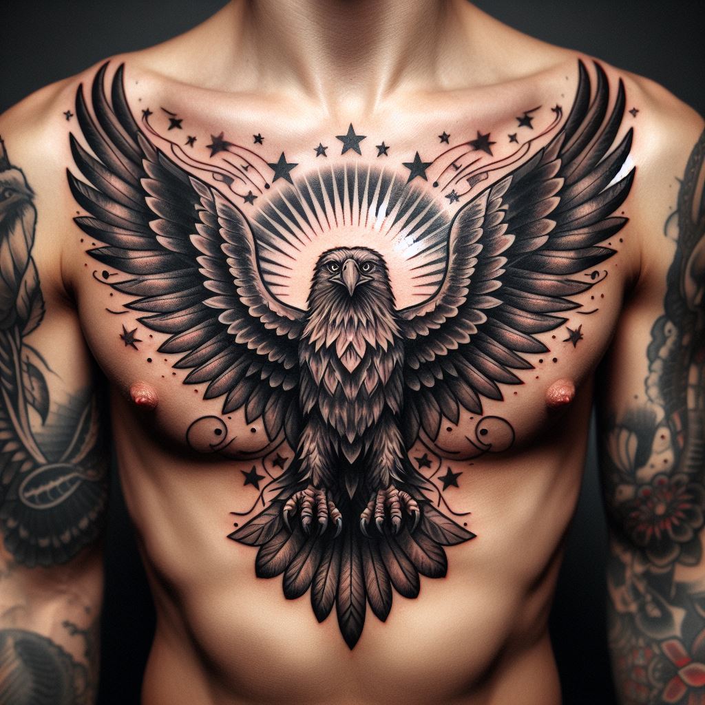 A tattoo depicting an eagle in flight, with its wings spread wide across the chest, and the head centered above the sternum, detailed with American traditional tattoo style.