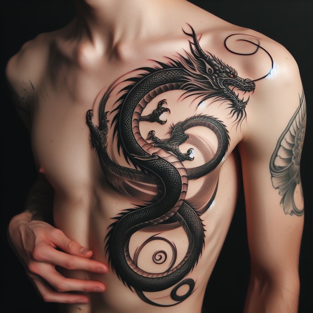A tattoo of a dragon wrapping around the left side of the chest, with its head positioned over the heart and its body and tail extending towards the right shoulder and down the arm.