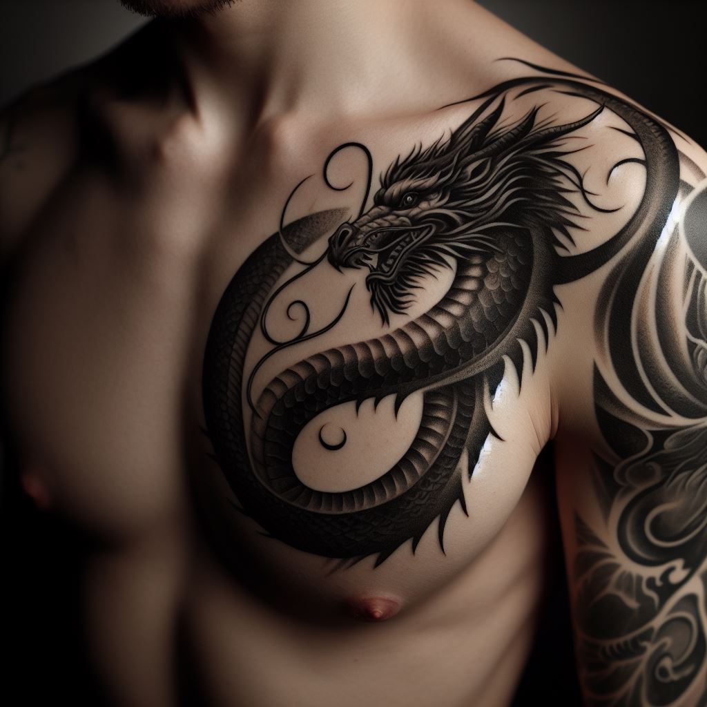 A tattoo of a dragon wrapping around the left side of the chest, with its head positioned over the heart and its body and tail extending towards the right shoulder and down the arm.