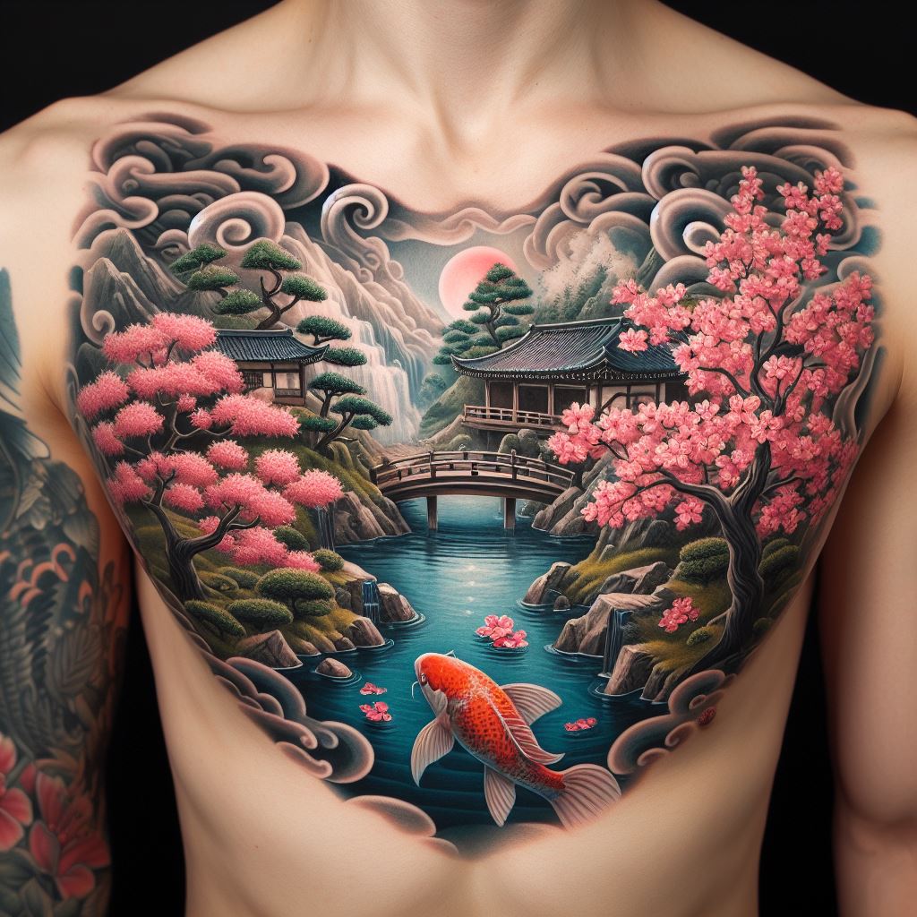 A tattoo showcasing a serene Japanese garden scene, with a koi pond in the center of the chest, cherry blossoms on the right side, and a small bridge on the left side.