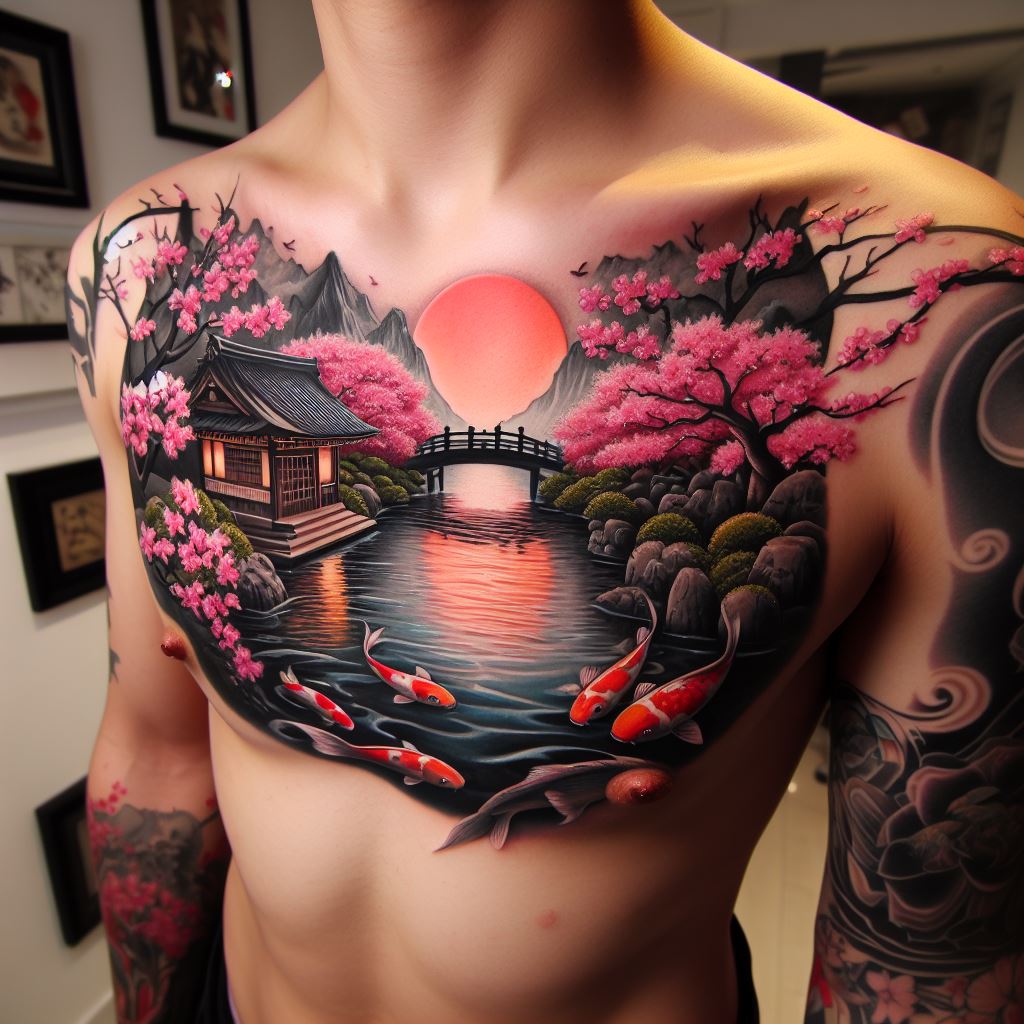 A tattoo showcasing a serene Japanese garden scene, with a koi pond in the center of the chest, cherry blossoms on the right side, and a small bridge on the left side.