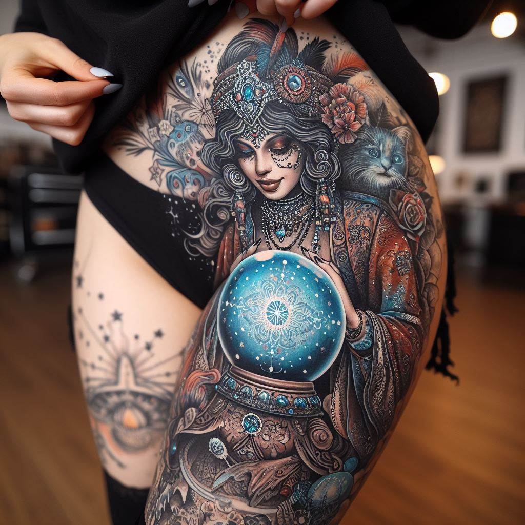 An intricate woman's thigh tattoo of a gypsy fortune teller, complete with crystal ball and celestial elements, symbolizing intuition, fate, and the journey of life.