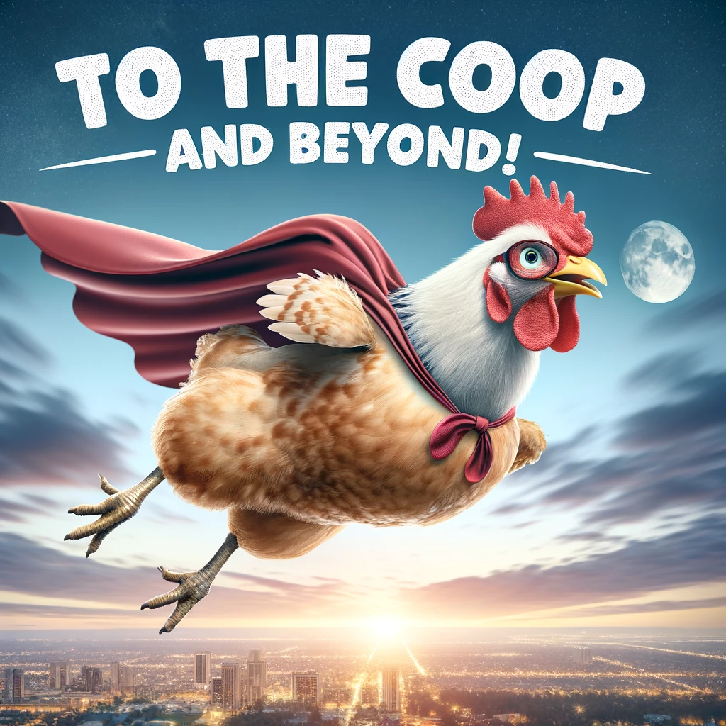 A cartoon chicken dressed as a superhero, flying through the sky with a cape fluttering behind. The background is a cityscape at dawn, suggesting the chicken is on a mission to save the day. The chicken has a heroic and determined look, adding to the comedic effect of a chicken superhero. The text overlay says: "To the coop and beyond!" This image humorously combines superhero themes with chicken antics, creating a playful and imaginative meme.