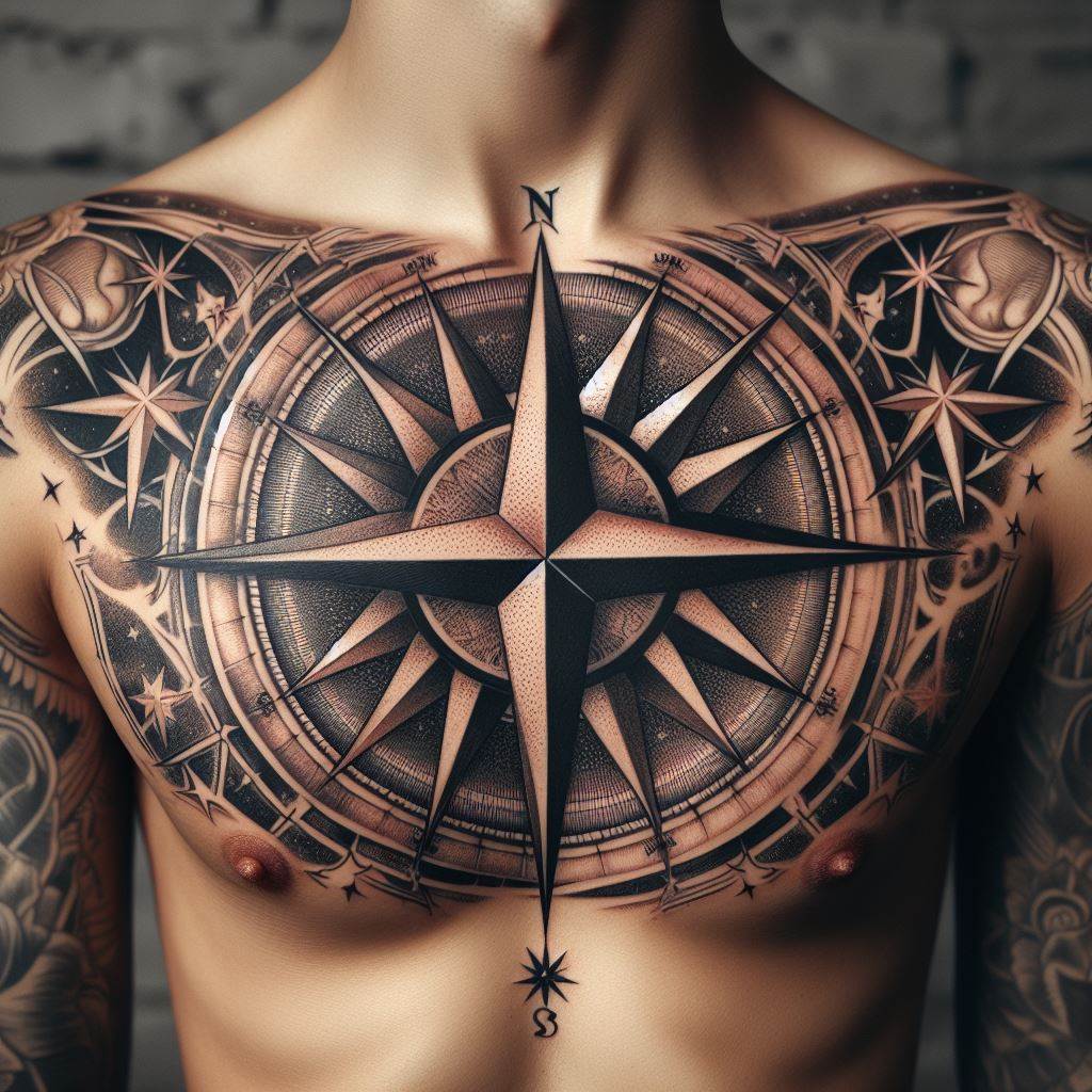 A tattoo of a large, detailed compass rose centered below the collarbone, with nautical stars extending towards the shoulders and upper chest.