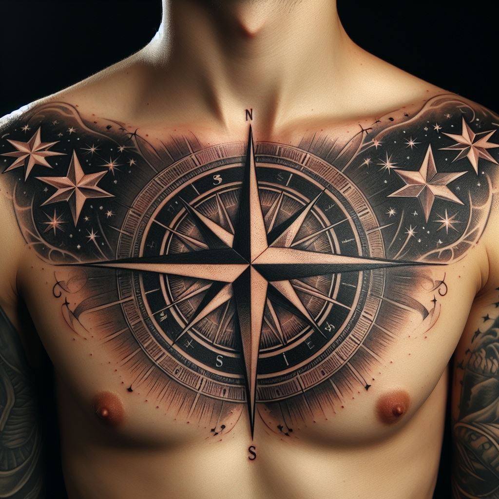 A tattoo of a large, detailed compass rose centered below the collarbone, with nautical stars extending towards the shoulders and upper chest.