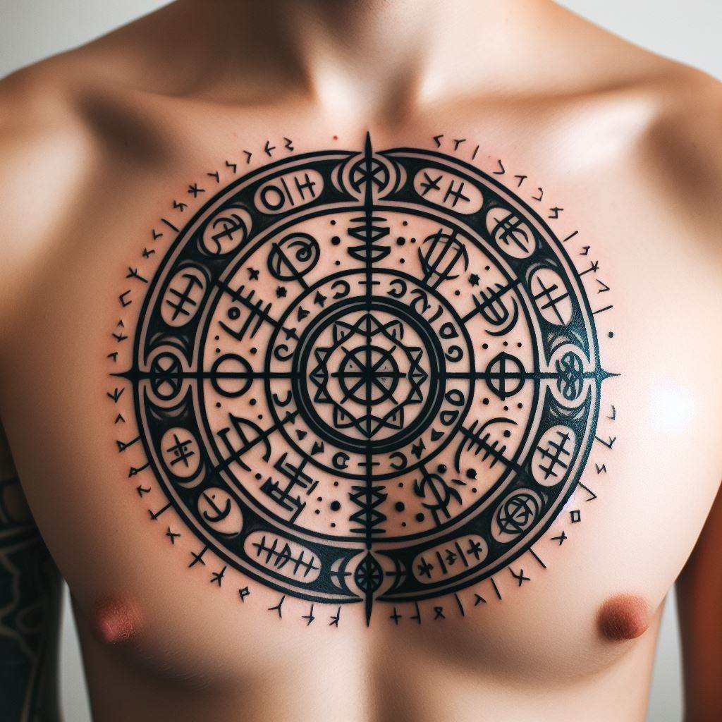 A tattoo featuring a series of interconnected, ancient runes and symbols, creating a protective circle around the upper chest, with each symbol representing different aspects of strength and wisdom.