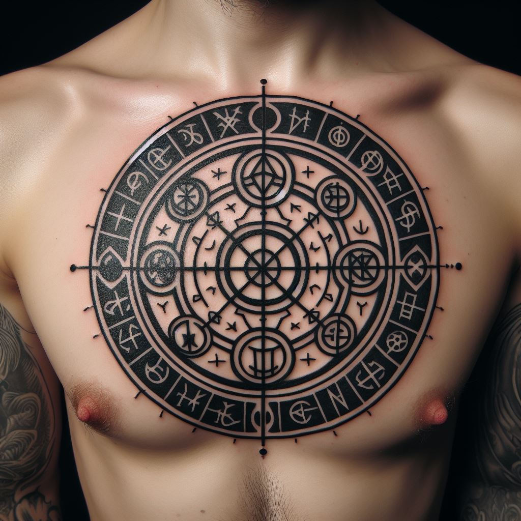 A tattoo featuring a series of interconnected, ancient runes and symbols, creating a protective circle around the upper chest, with each symbol representing different aspects of strength and wisdom.