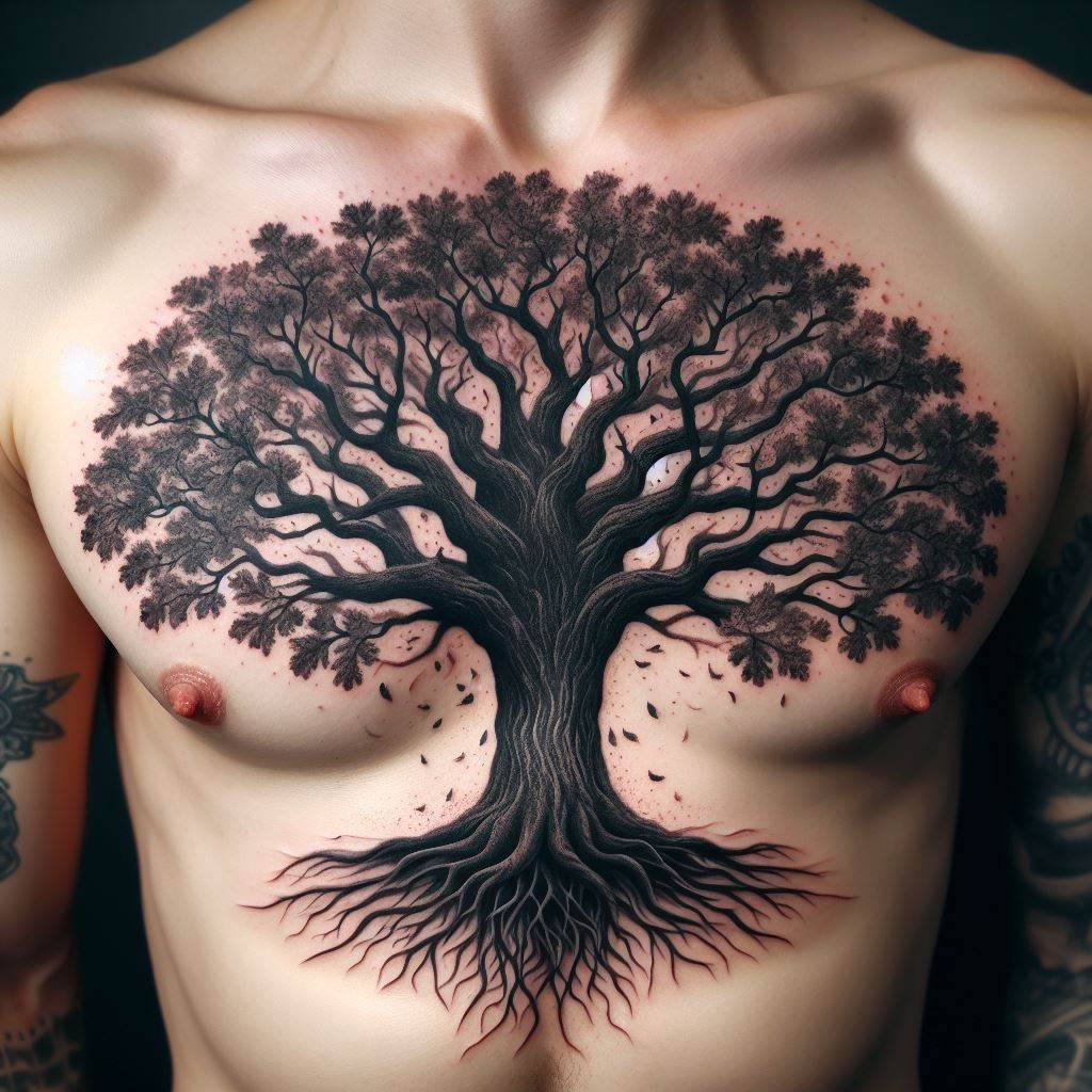 A tattoo of a majestic oak tree, its trunk centered on the sternum, branches spreading across the chest and leaves drifting towards the shoulders.