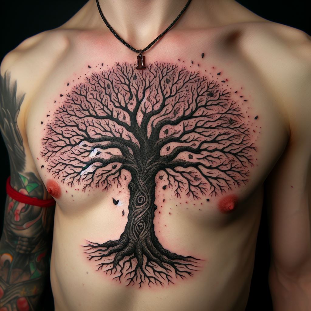 A tattoo of a majestic oak tree, its trunk centered on the sternum, branches spreading across the chest and leaves drifting towards the shoulders.
