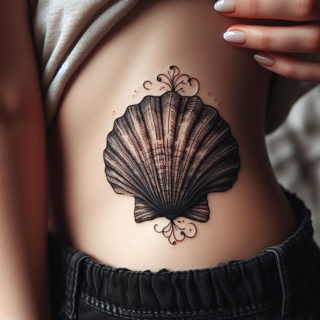 A delicate seashell tattoo placed on a woman's hip, detailed with fine lines and shading, symbolizing the ocean's mystery, beauty, and a sense of calm.