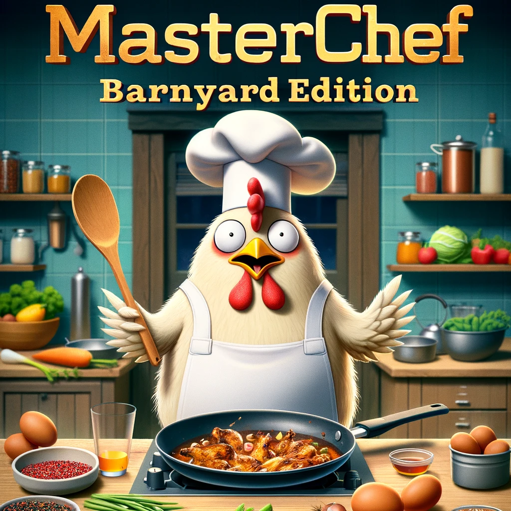 A cartoon chicken wearing a chef's hat and apron, standing in a kitchen and holding a frying pan. The scene is filled with various cooking ingredients and a humorous chaos of a cooking session in progress. The chicken looks overly enthusiastic, adding a funny twist to the cooking theme. The text overlay reads: "Masterchef: Barnyard Edition." This image creatively merges cooking show excitement with farm animal antics for a laughable meme.