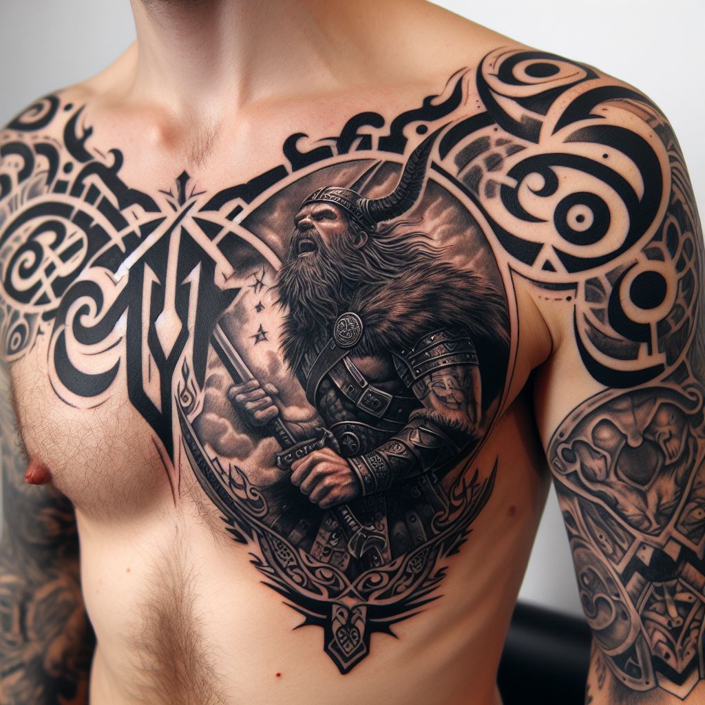 A tattoo featuring a fierce Viking warrior in mid-battle, positioned on the right chest, with detailed Norse mythology symbols extending towards the left chest and upper abdomen.