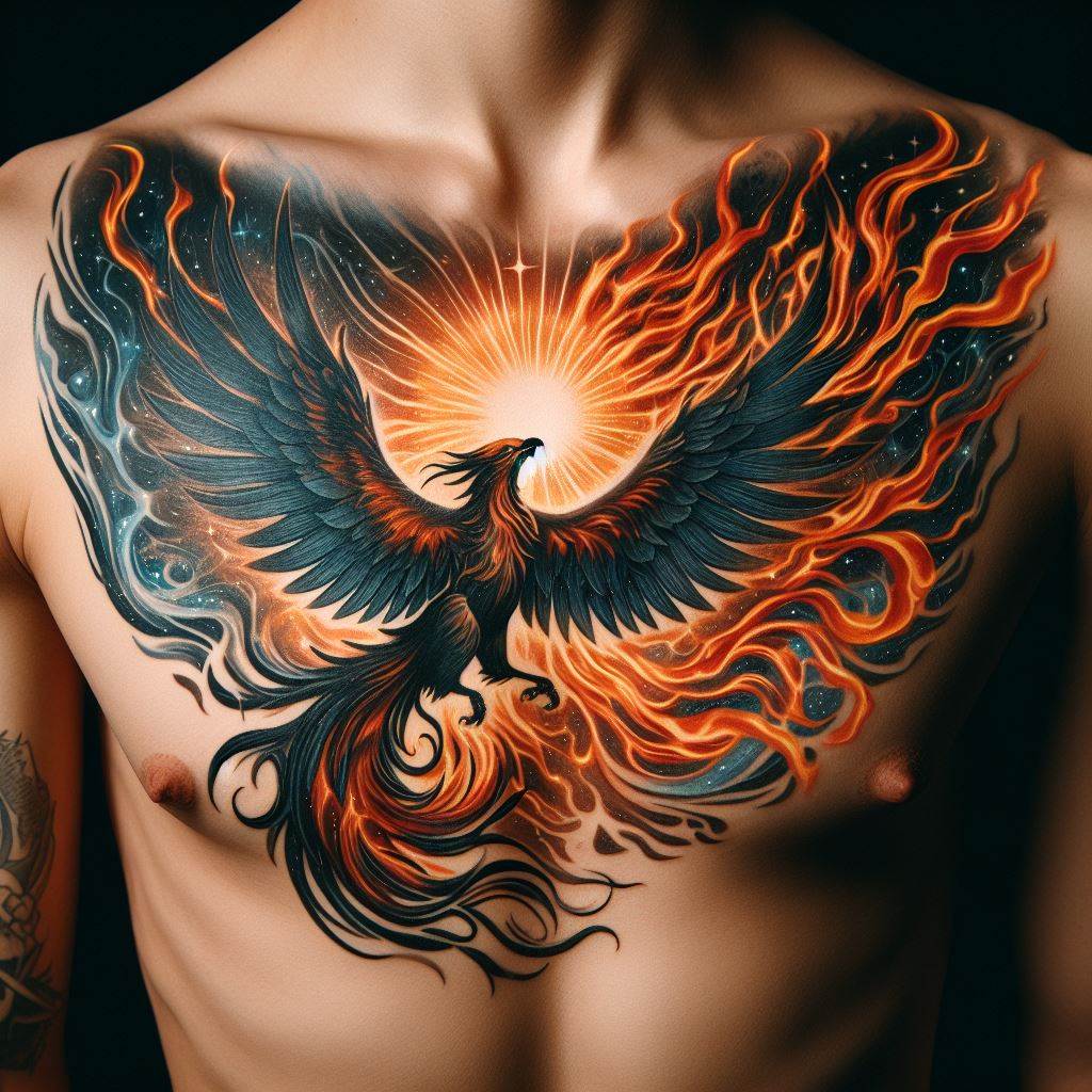 A tattoo of a mystical phoenix in mid-rebirth, flames originating from the center of the chest and the bird rising towards the right shoulder.