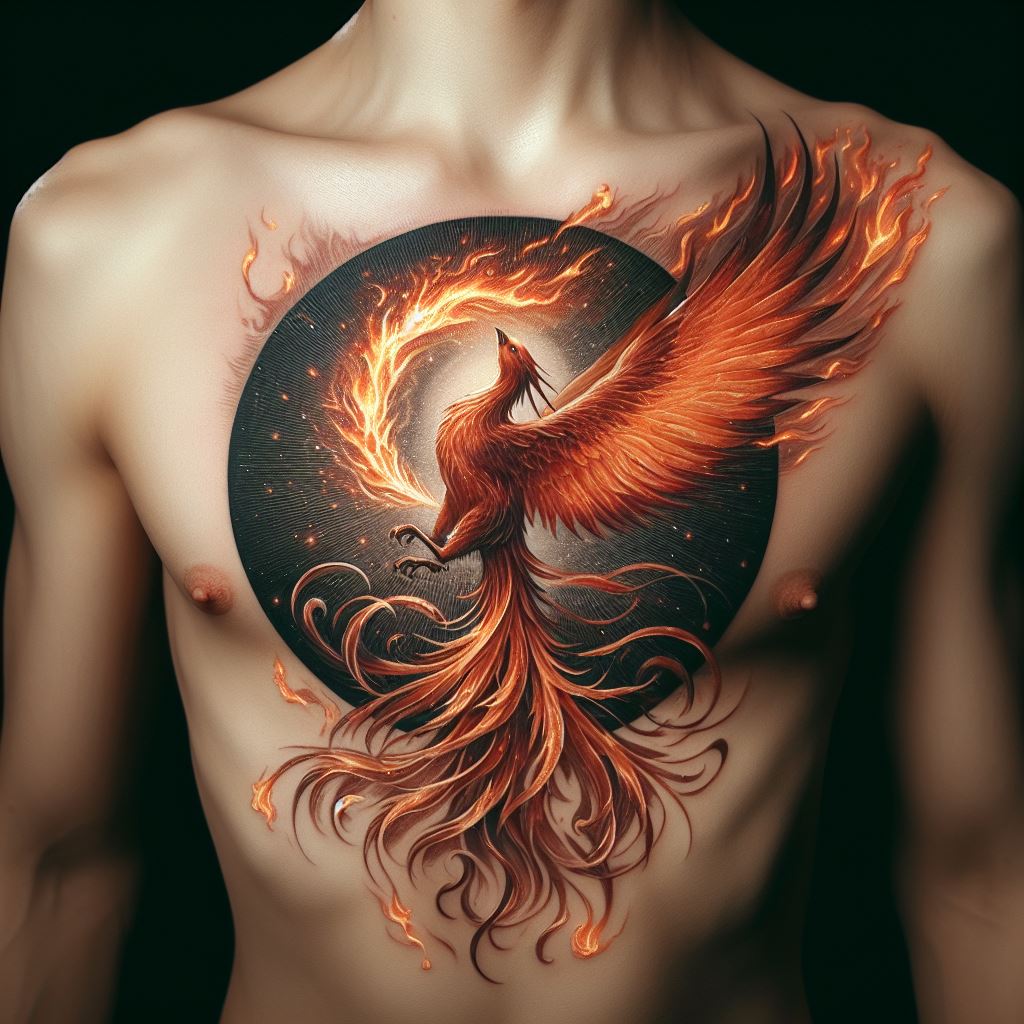 A tattoo of a mystical phoenix in mid-rebirth, flames originating from the center of the chest and the bird rising towards the right shoulder.