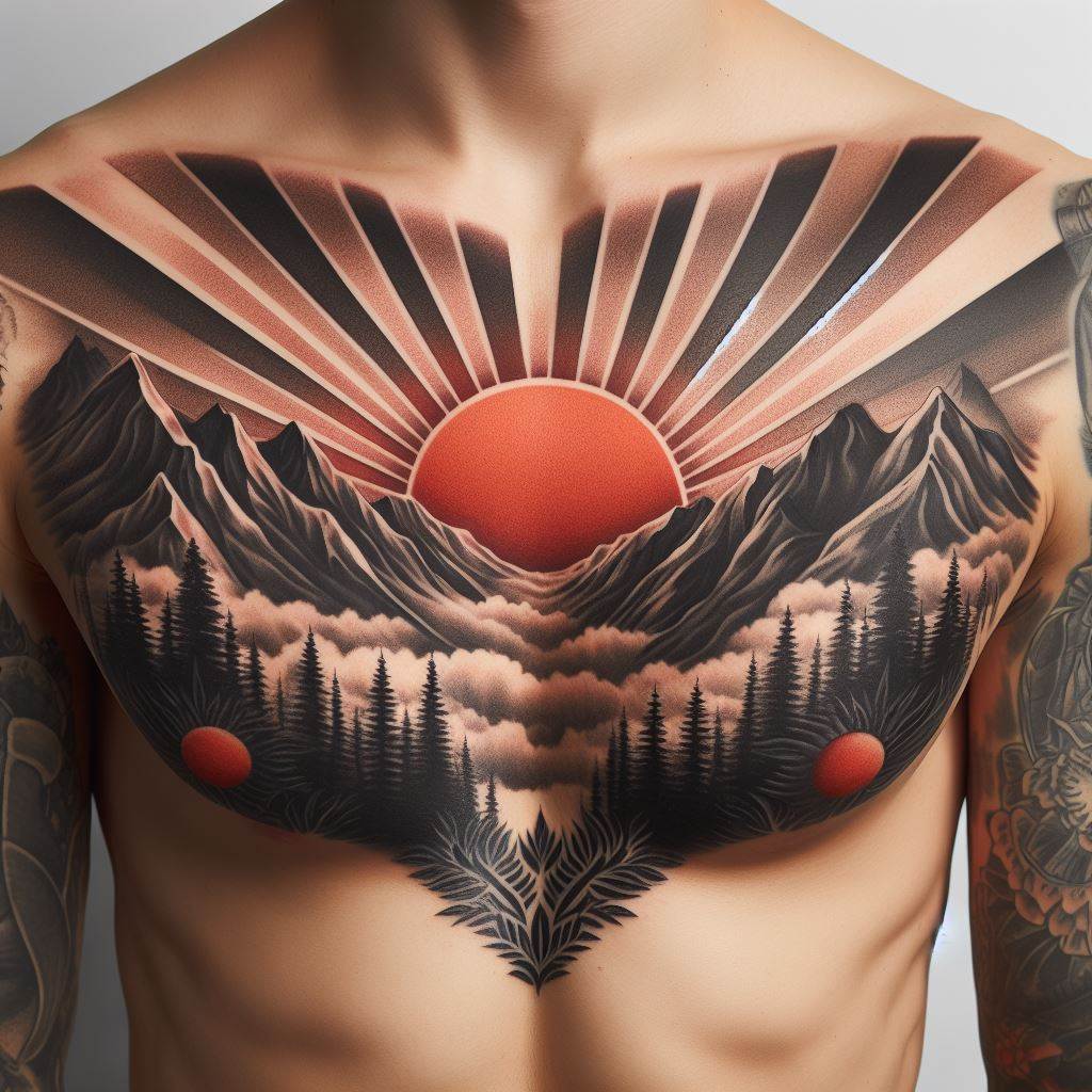 A tattoo depicting a serene mountain landscape at sunset, covering the entire chest, with the sun setting in the center and rays extending towards the shoulders.