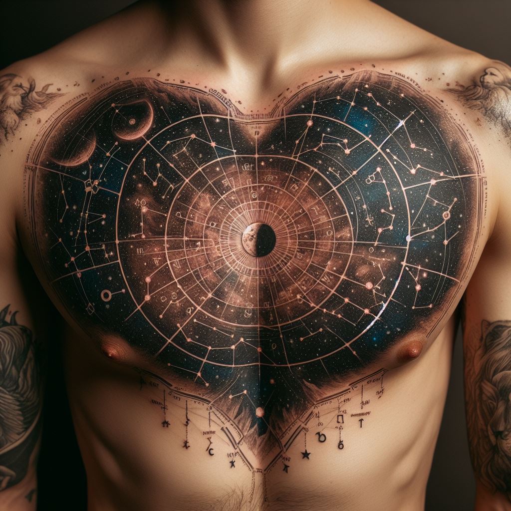 A tattoo of a sprawling celestial map, covering the chest, with constellations, zodiac signs, and a moon phase calendar centered above the heart.