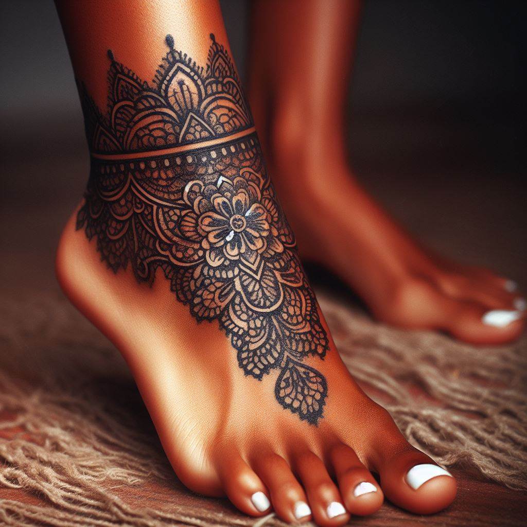 A detailed lace cuff design tattooed around a woman's ankle, mimicking the look of a delicate lace anklet, symbolizing elegance, femininity, and intricate beauty.