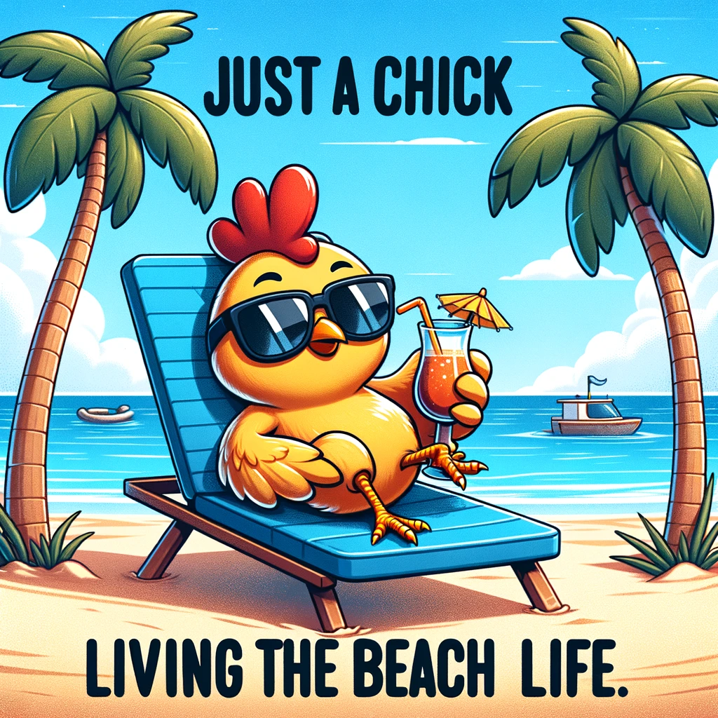 A cartoon chicken lounging on a beach chair under a palm tree, wearing sunglasses and sipping a tropical drink. The setting is a sunny beach scene with clear blue water in the background. The chicken appears relaxed and content, embodying the ultimate vacation vibe. The text overlay reads: "Just a chick living the beach life." This image combines the humor of a chicken taking a vacation with a playful and lighthearted tone.